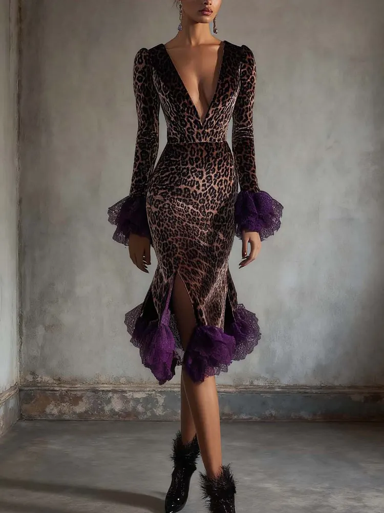 Brown Velvet Bodycon Dress With Purple Lace Ruffles