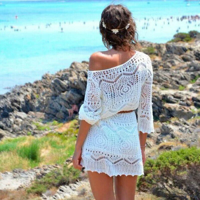 Elegant Sexy Women Lace Blouses Crochet Bikini Cover Up Swimwear Bathing Suit Summer Half Sleeve Beach Dress Seaside Swim dress