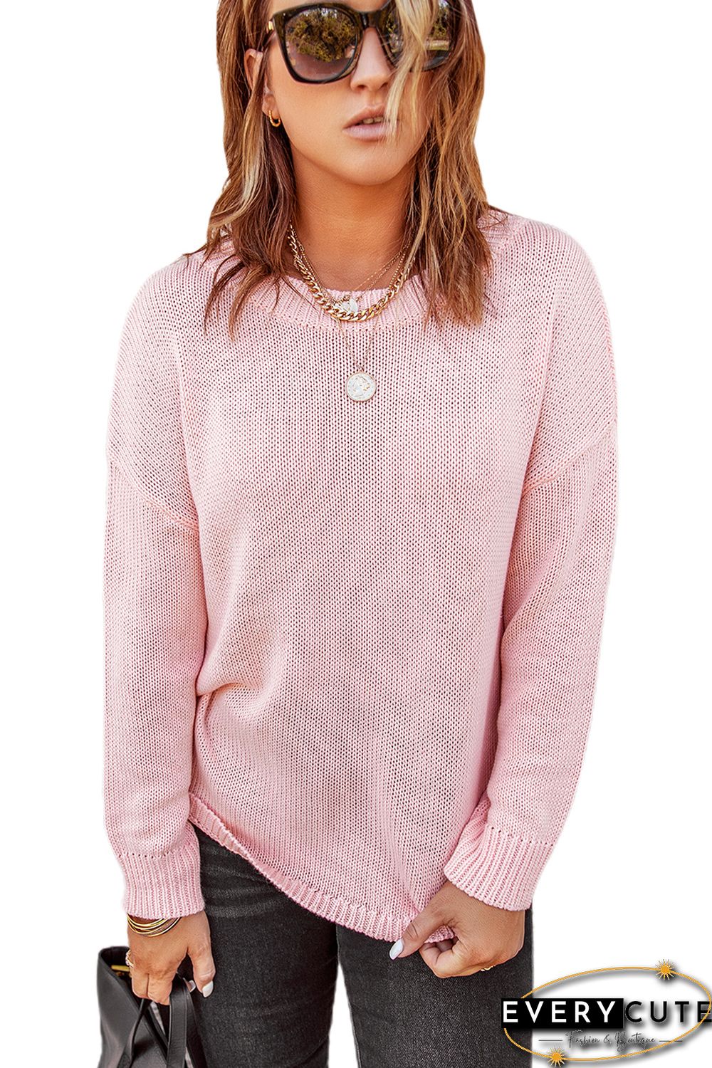Pink Oversize Knitted Drop-shoulder Sleeve Sweater