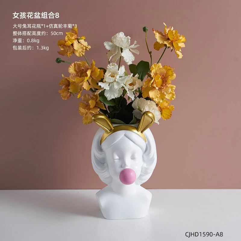 Nordic style girl flower pot plant resin flower pot rabbit ear/cat ear girl potted modern living room decoration decoration gift