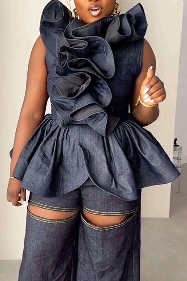Plus Size Festival Blue Round Neck Ruffle Pleated Blouses [Pre-Order]