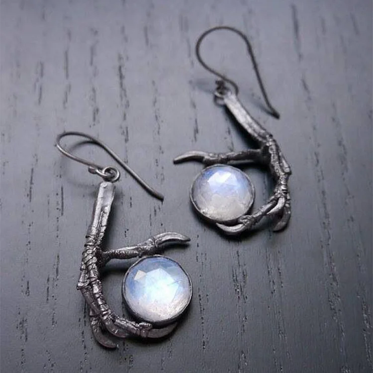 Vintage Dark Skull Claw Gothic Moonstone Earrings