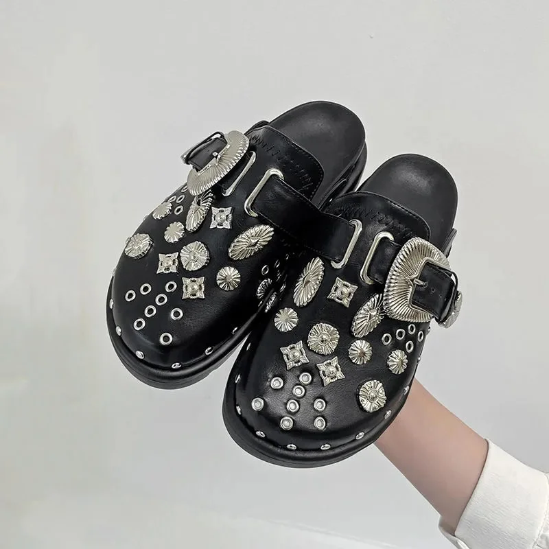 Tanguoant Women Slippers Platform Rivets Punk Rock Leather Mules Creative Metal Fittings Casual Party Shoes Female Outdoor Slides