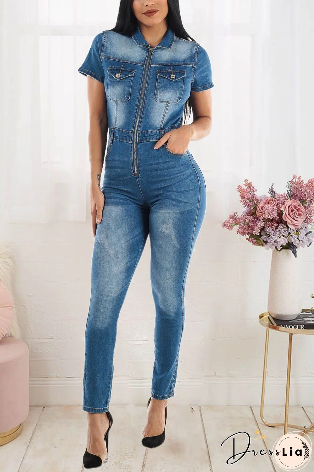 Plus Size Fashion Women Summer Clothing Short Sleeve High Waist Skinny Pencil Denim Jumpsuit