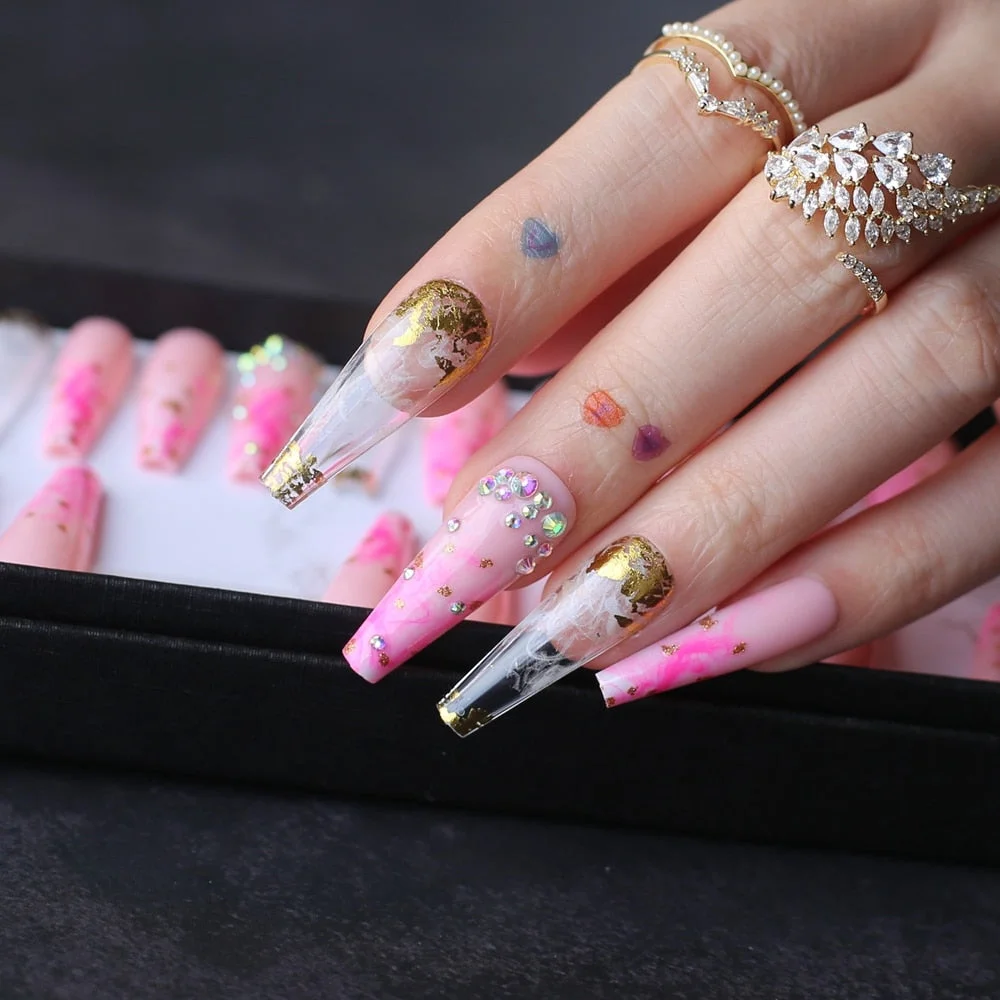 Rhinestone crystal design Pink Luxury Ombre extra Coffin Press on nails Gel Abstract smudge art crystal fake nails Custom logo-Nail Inspo