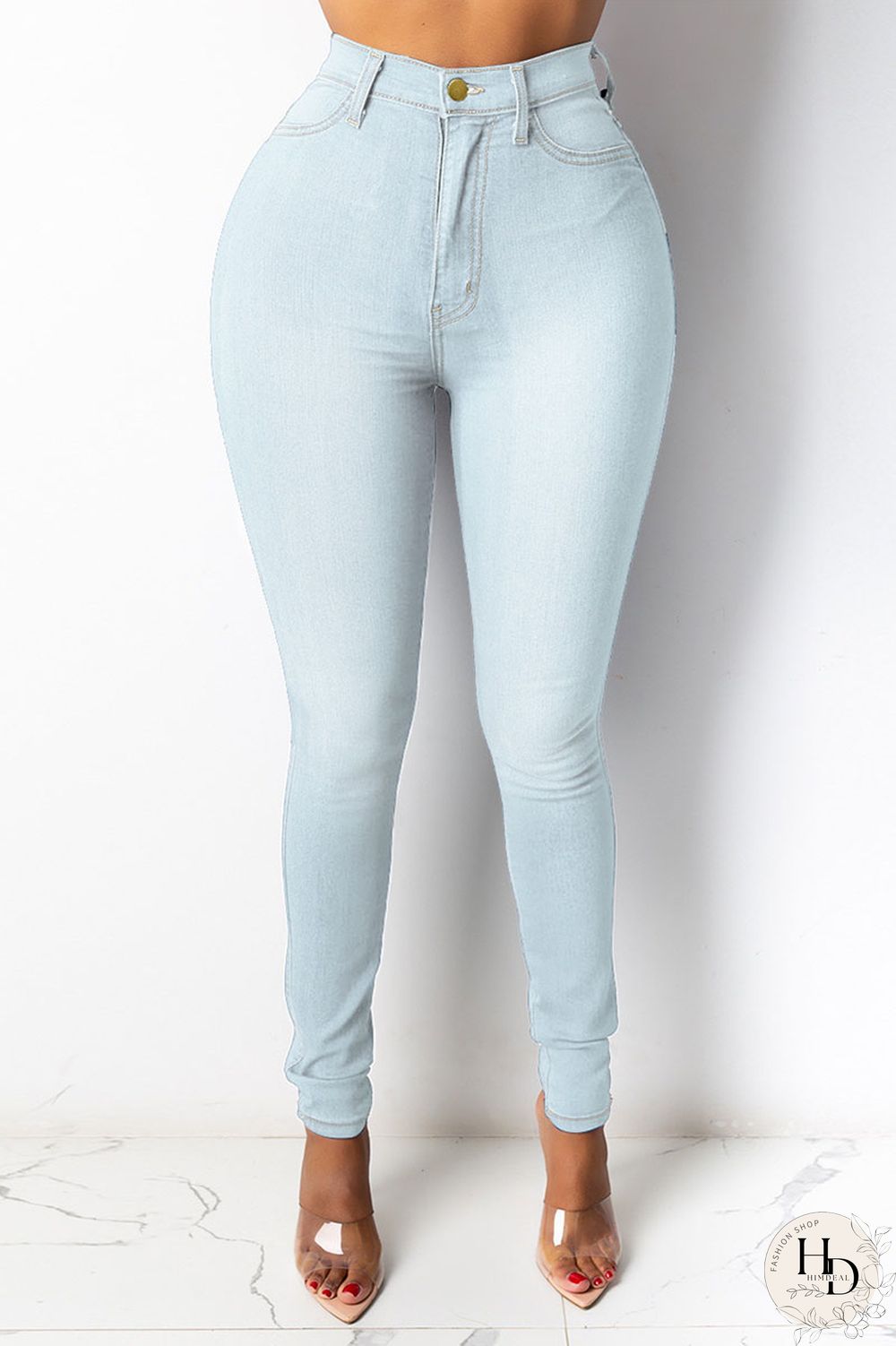 White Street Solid Buttons High Waist Regular Denim