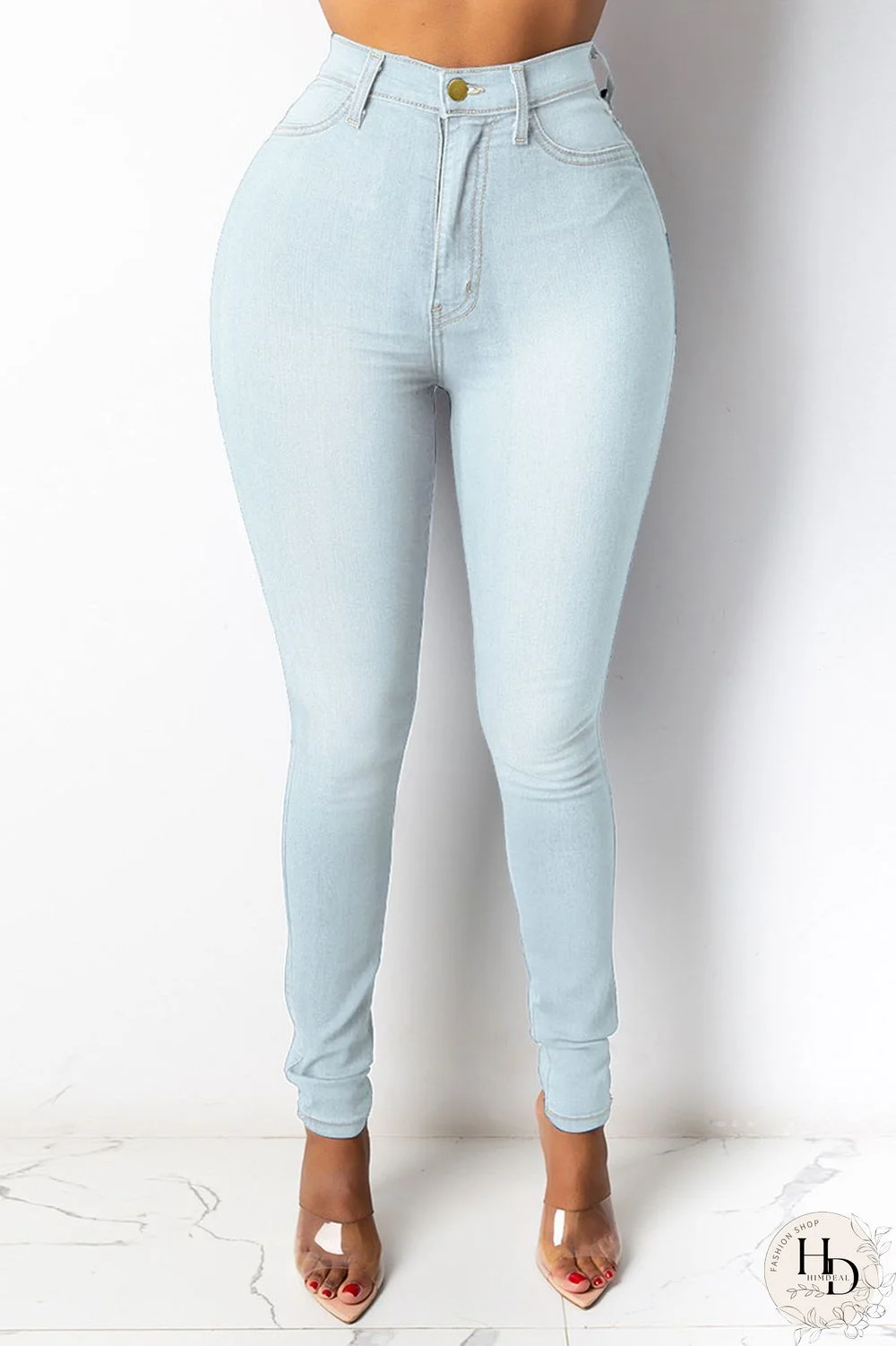 Light Blue Street Solid Buttons High Waist Regular Denim