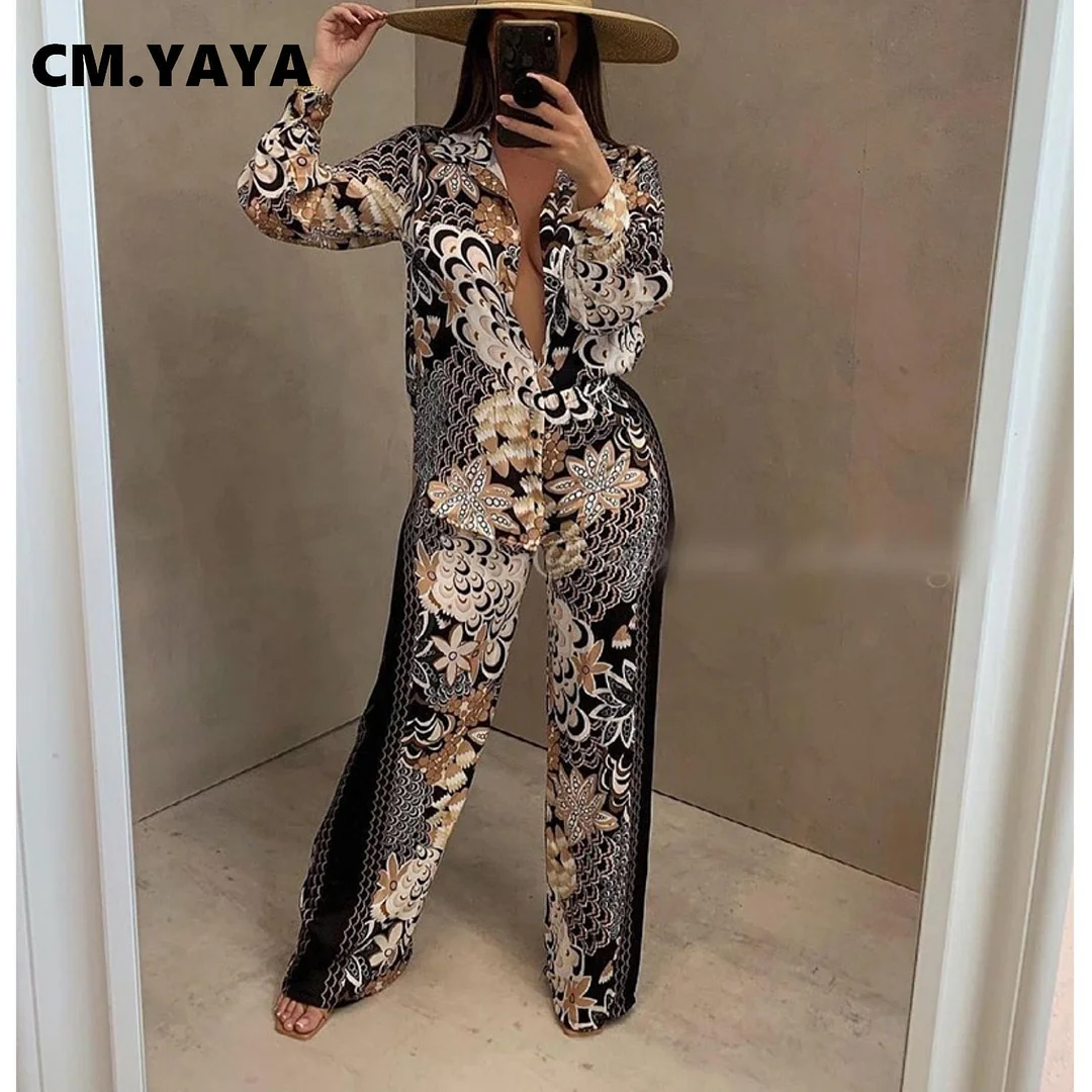 CM.YAYA Autumn Winter Peacock Women's Set Button Up Blouse Shirt Tops and Pants Elegant Tracksuit Two Piece Set Fitness Outfits