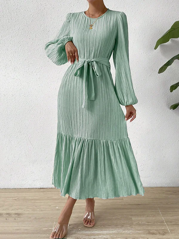A-line Long Sleeves Elasticity Pleated Solid Color Split-Joint Tied Waist Round-neck Midi Dresses