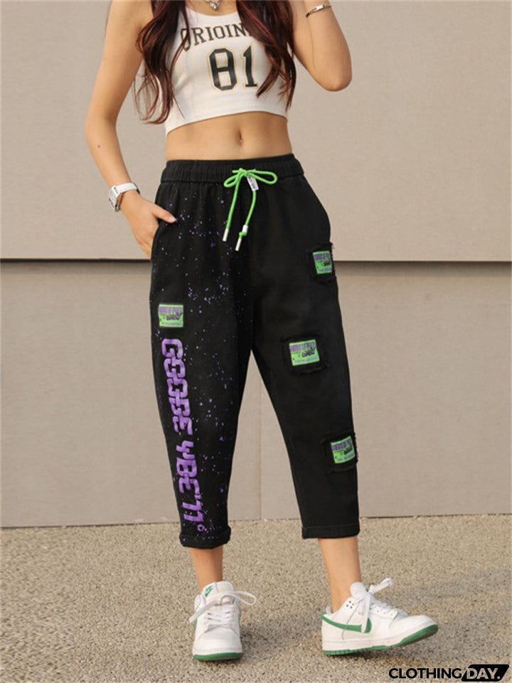 Female Lightweight Alphabet Patchwork High-rise Pants