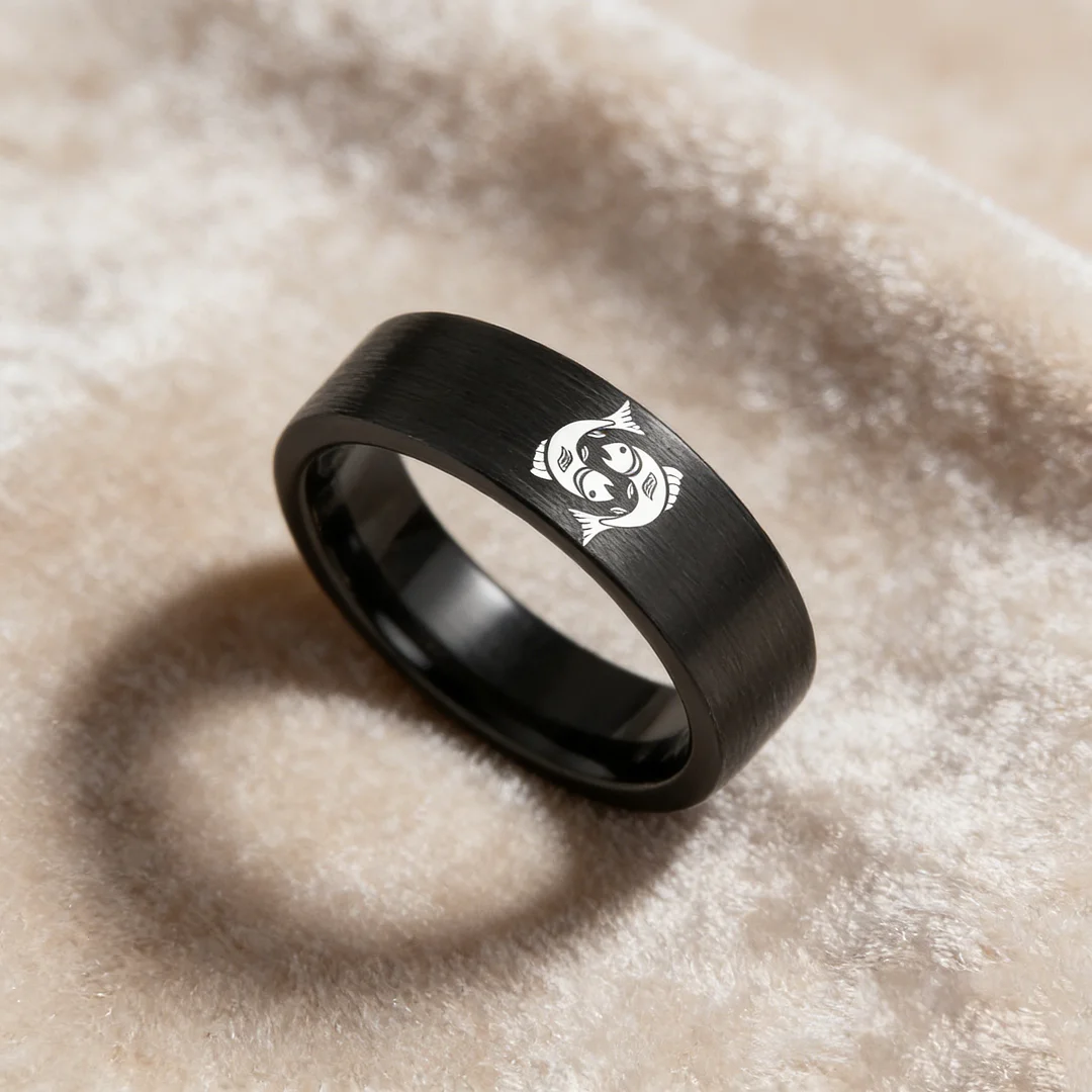 Pisces Tungsten Carbide Rings Black Flat Wedding Bands Comfort Fit Mens and Womens 4MM 6MM 8MM Width