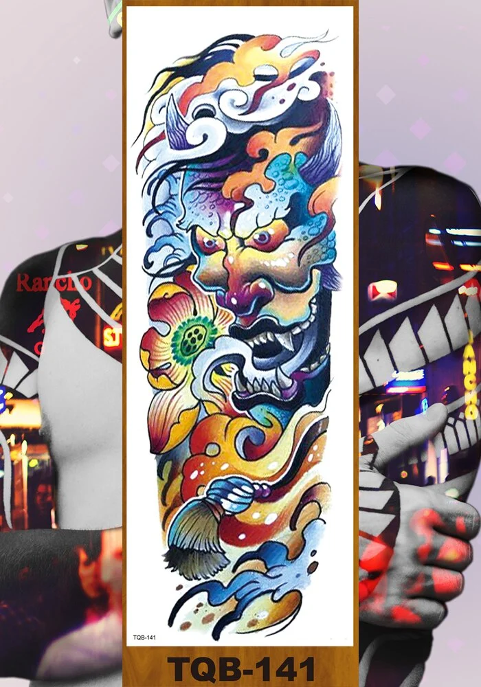 Full Flower Arm Temporary Tattoo Sticker Man Woman Body Leg Fake Tatoo Skull Night Demon Grim Reaper Good and Evil Waterproof