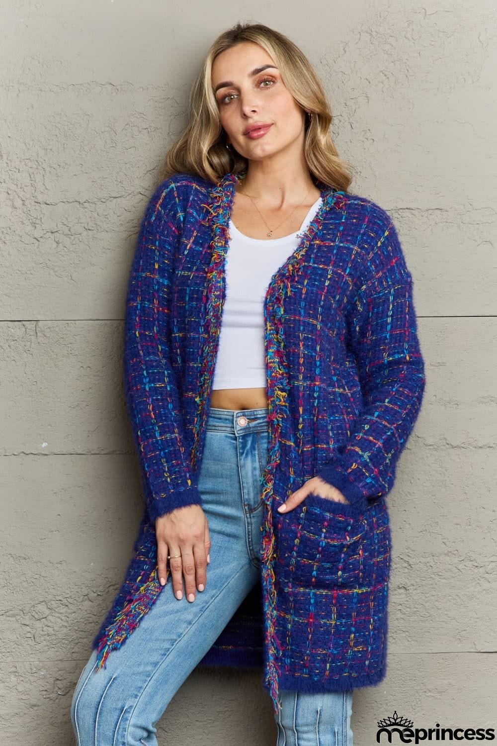 Plaid Fringe Trim Open Front Longline Cardigan