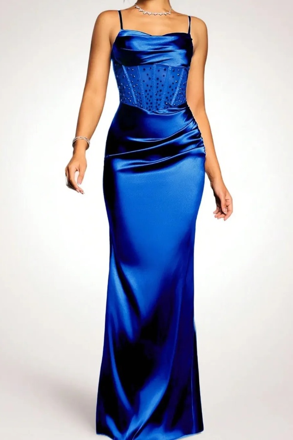 Ovlias Chic Royal Blue Spaghetti Strap Prom Dress Pleated with Rhinestone JQ0050