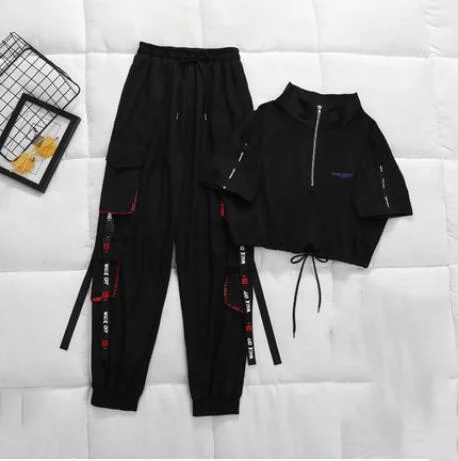 Back To College Autumn Women High Waist Cargo Pants Cool Girls Handsome Two-Piece Pants Women Streetwear Cargo Pants Black Ankle Length Elastic