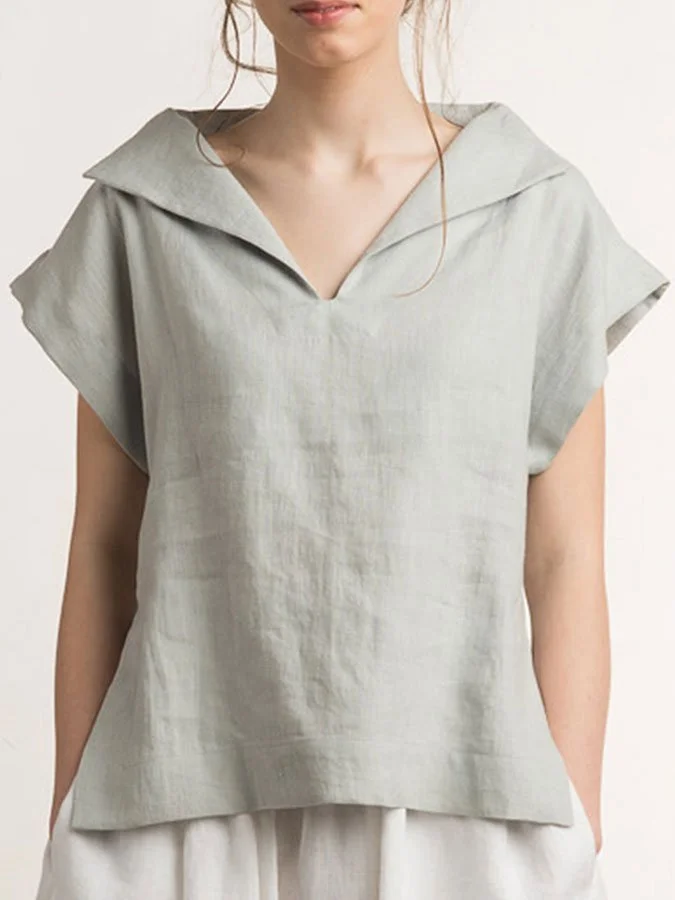 Solid Color Lapel Cotton And Linen T-Shirt