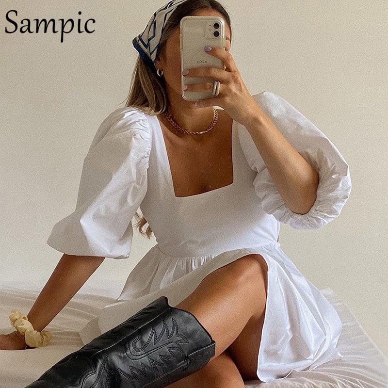 Sampic Vintage Sexy CasuaL Square Neck Short Puff Sleeve Woman Kawaii Dress 2021 Spring Summer White Backless Mini Dress
