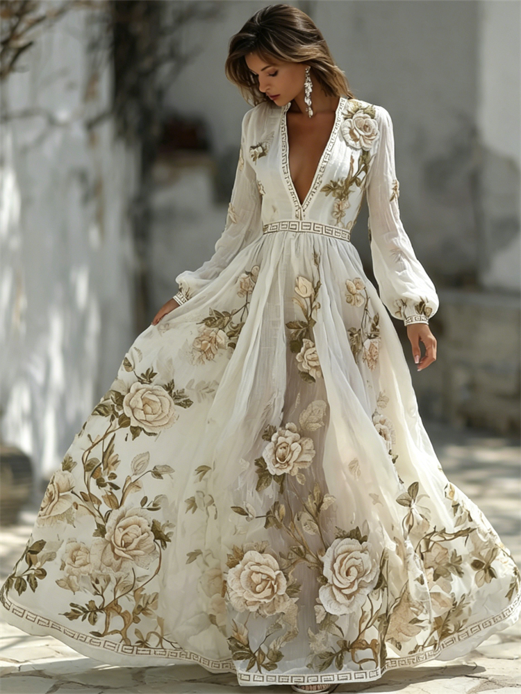 Vintage White Roses Wide Skirted Linen Maxi Dress elevenforest