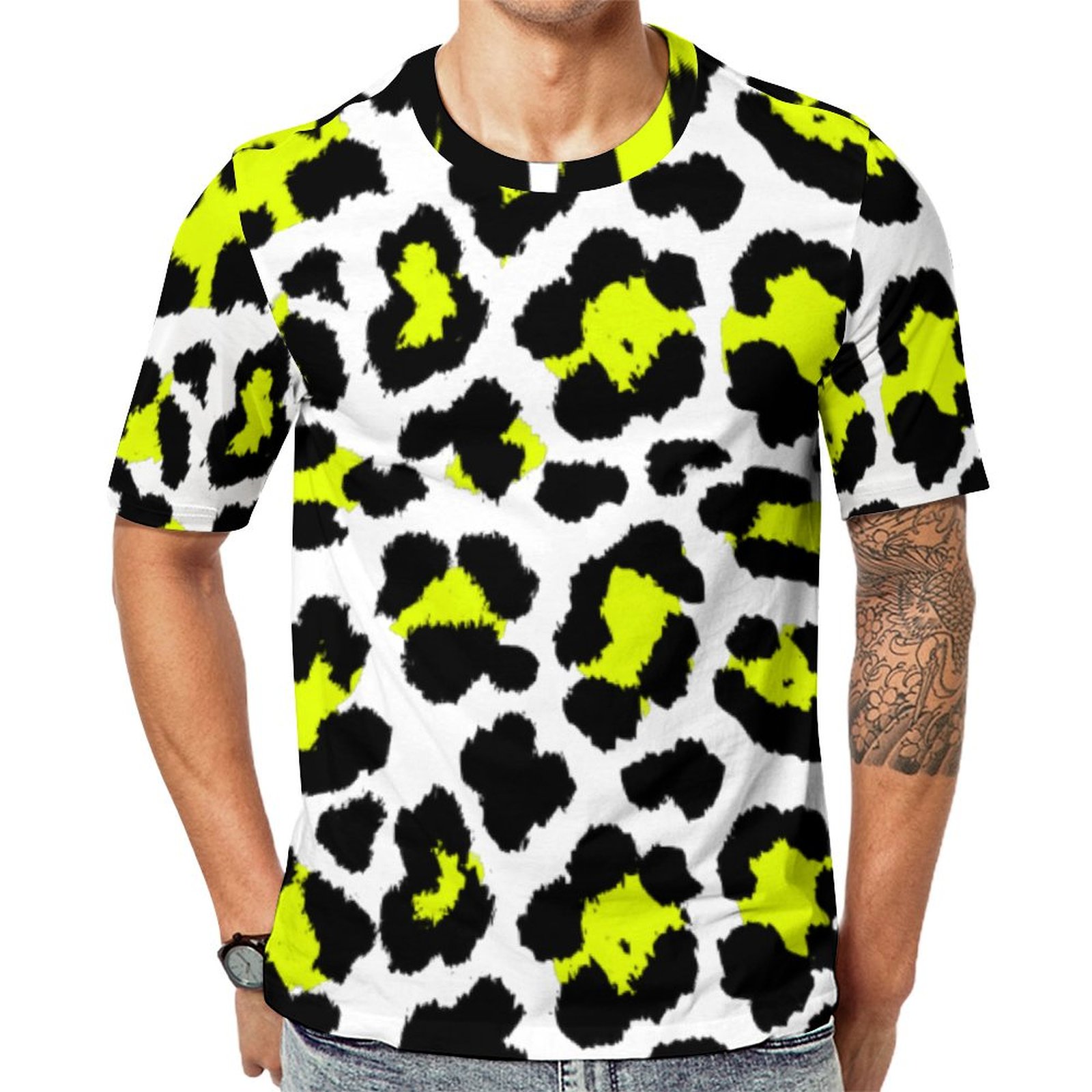 Striking Lime Green Punk Rock Leopard Print Short Sleeve Print Unisex Tshirt Summer Casual Tees for Men and Women Coolcoshirts