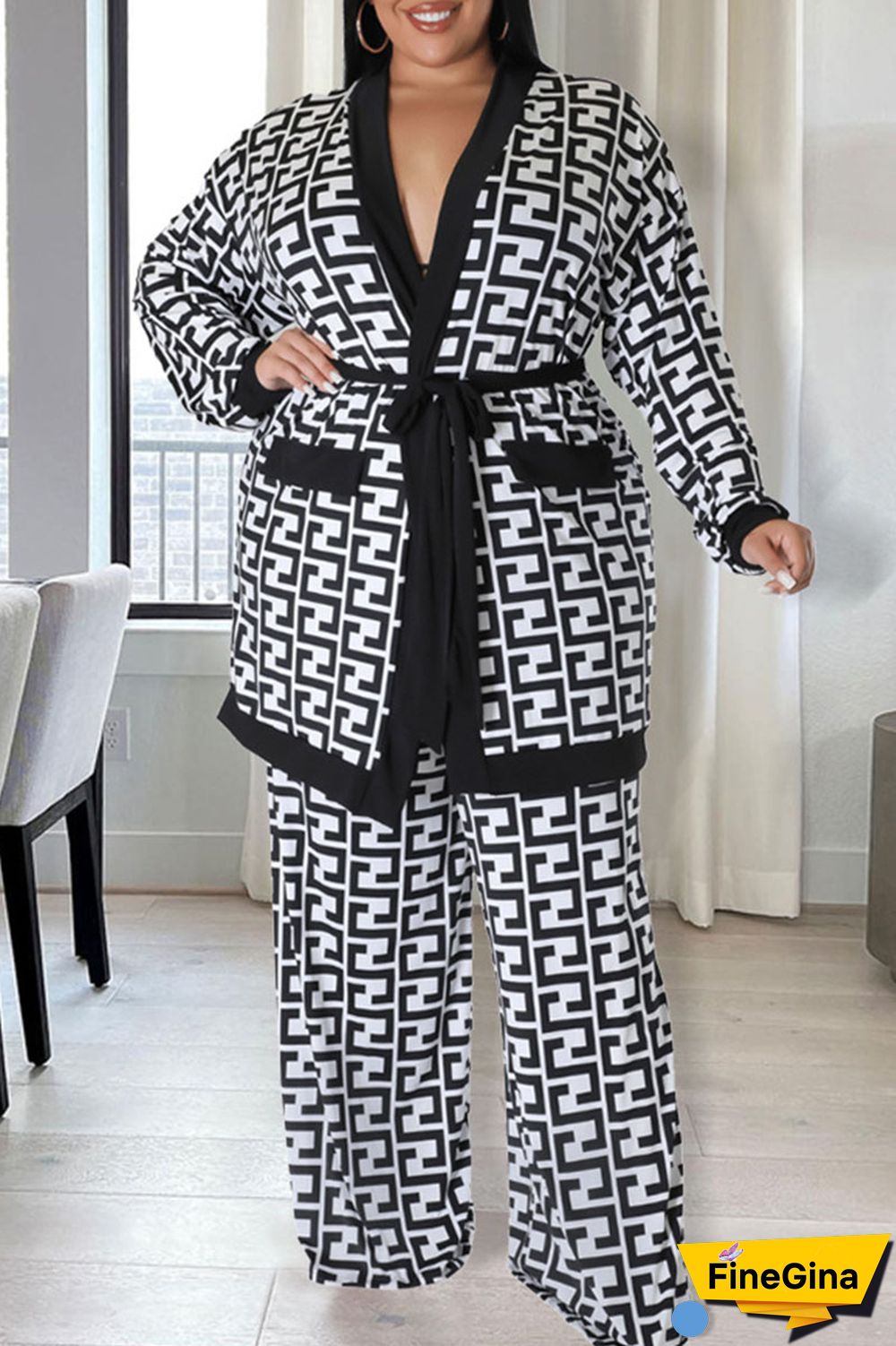 Black White Casual Print Bandage Patchwork Plus Size Two Pieces