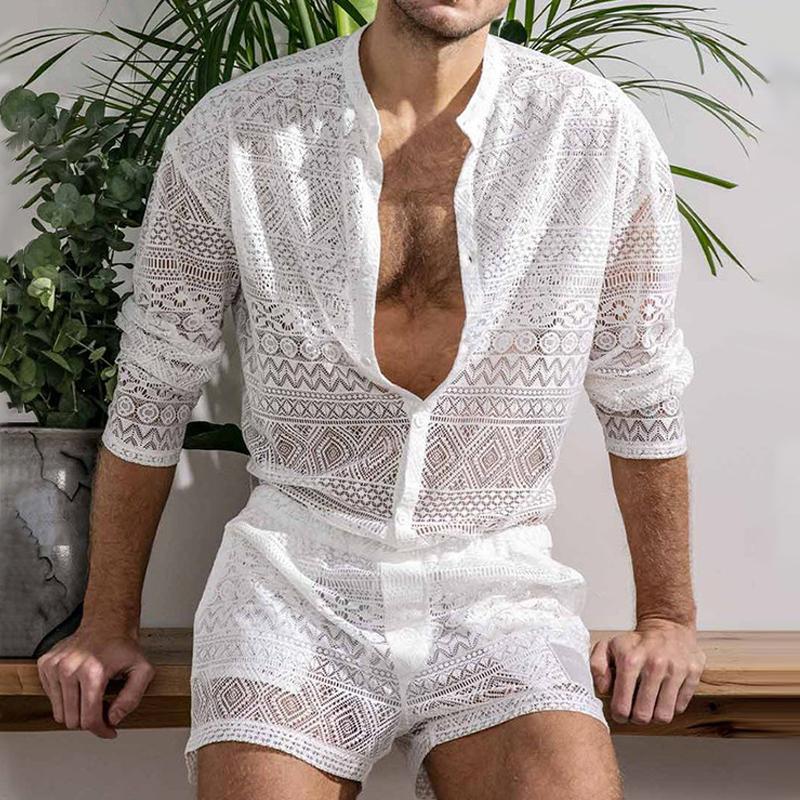 Men's Fashion Lace Round Neck Long Sleeve Shirt Shorts Set