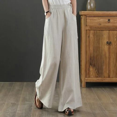 Casual Pants Women Linen Casual Ins S-3XL Female Elegant Popular Spring Baggy Ulzzang Drawstring Wide Leg Trouser 21 Colors Chic