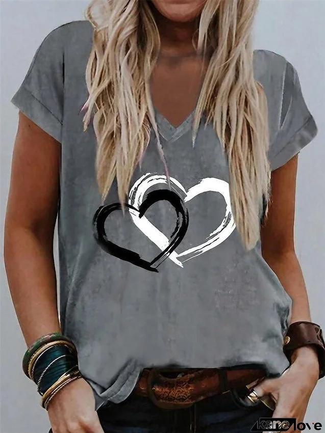 Women's T shirt Tee Gray Heart Print Short Sleeve Valentine Weekend Basic V Neck Regular Painting S