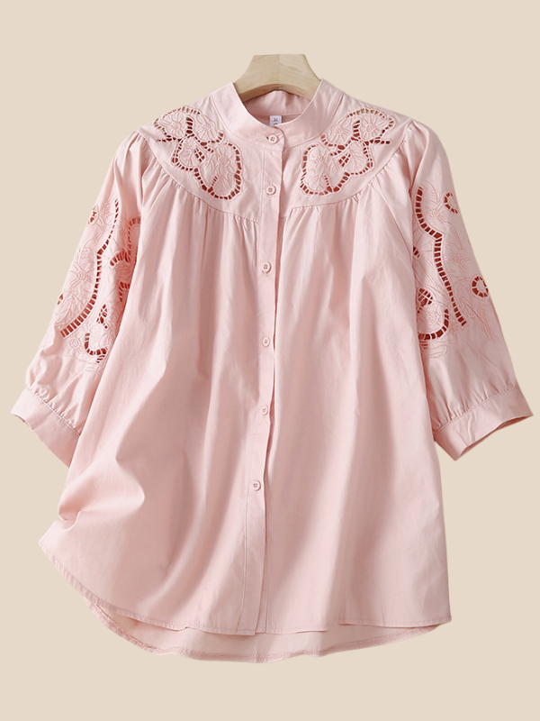 Women's Blouse Hollow Out 3/4 Lantern Sleeve Embroidered Shirt Stand Collar Loose Blouse