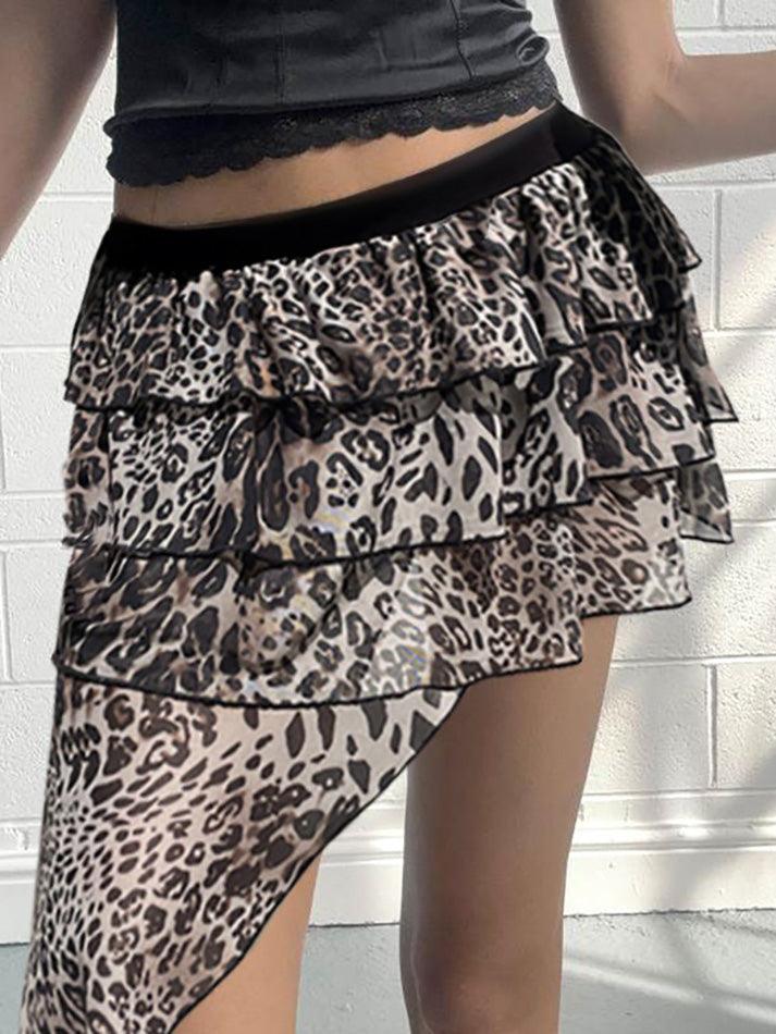 LANFUBEISI - Leopard Print Irregular Ruffle Mini Skirt ddbos-shop