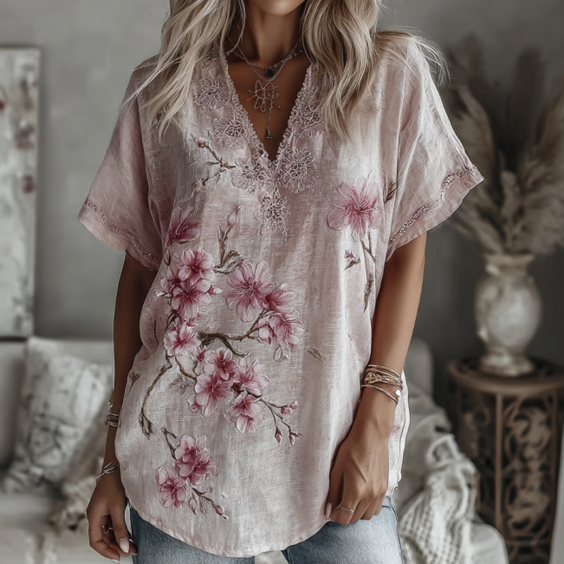 Women's Vintage Pink Cherry Blossoms Art Cotton Linen V-neck Short Sleeve Top elevenforest