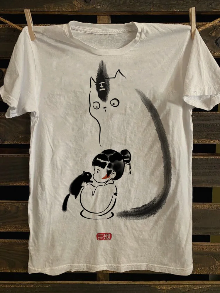 Men's Cat King And Girl Japanese Art Print Cotton Casual T-Shirt
