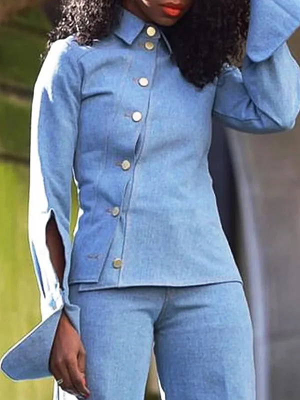 Long Sleeves Asymmetric Buttoned Hollow Lapel Pants Set Two Pieces Set