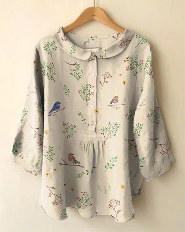 Vintage Long Sleeve Peter Pan Collar Robin Print Shirt
