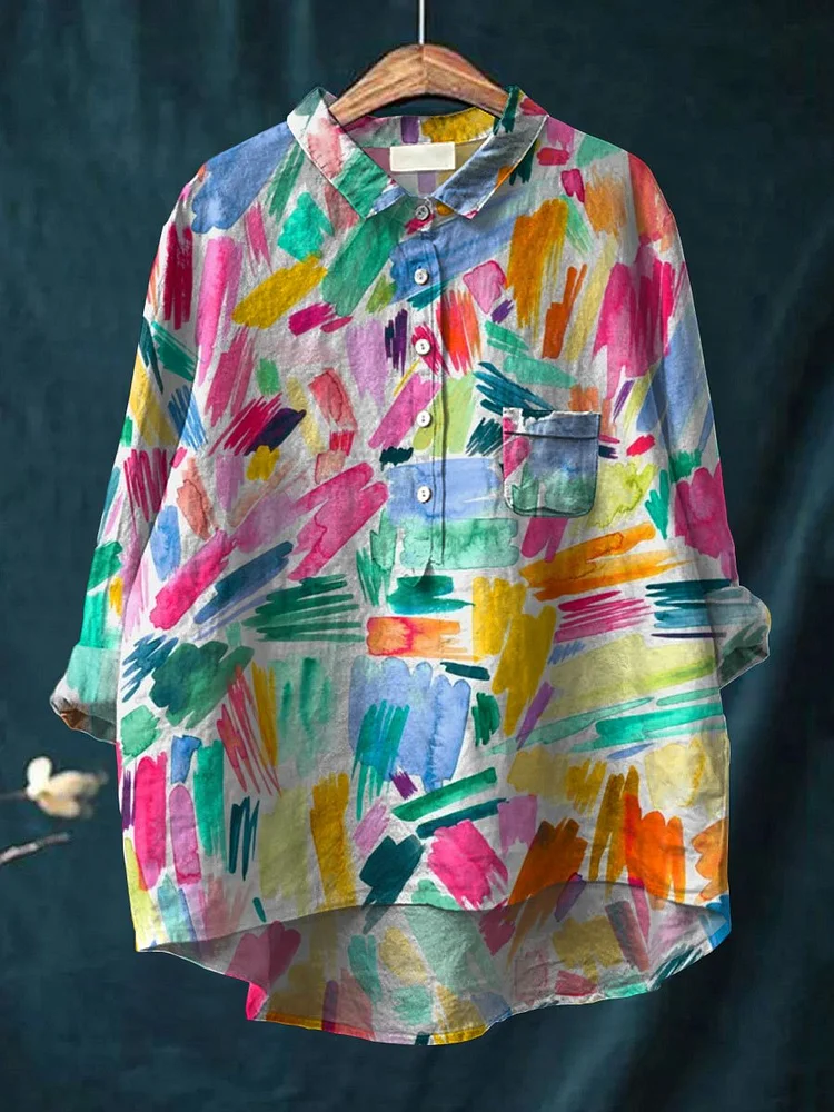 Womens Watercolor Art Print Casual Cotton And Linen Shirt