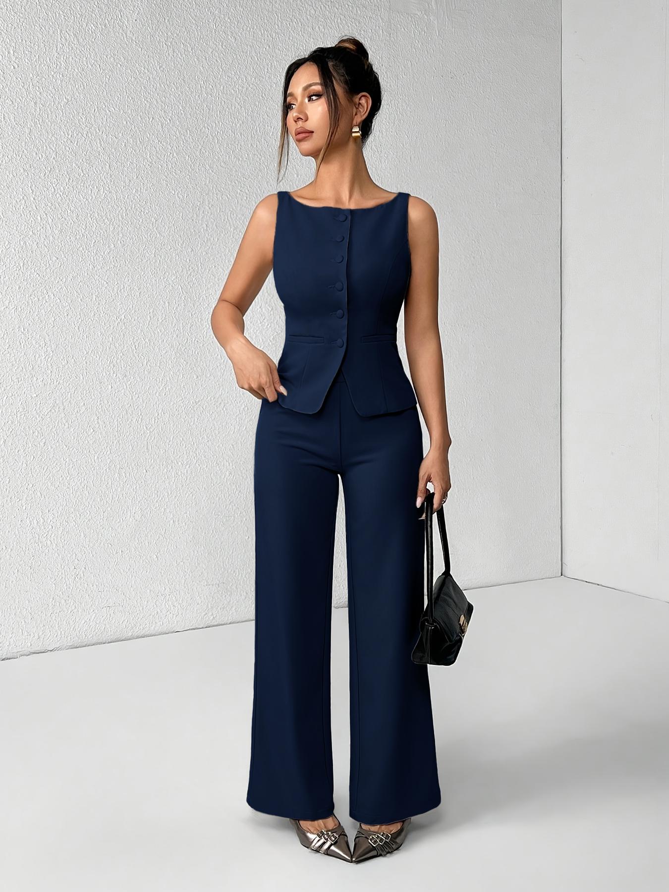 Women's Solid Button Front Sleeveless Tank Top & Wide Leg Pants Set, Casual Elegant Chic Minimalist Fashion Two-piece Set for Summer, Women's Clothing for Daily Wear, Suits, Office Siren Outfits, Casual Matching Set, Corporate Outfits Women