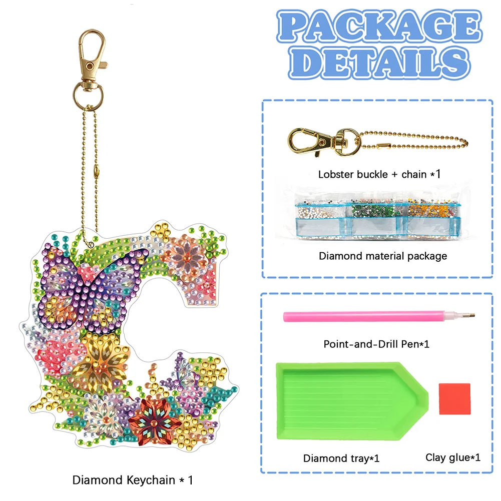 DIY C Diamond Art Key Rings Lettter Keychain Supplies Gift for Kids(Double Sided)