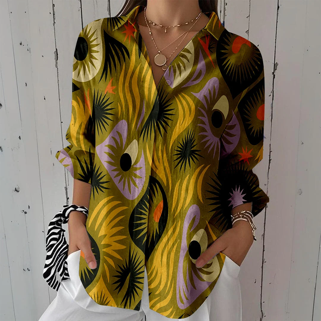 Style & Comfort for Mature Women Women Animal, Yellow, Black DZCL0367 3/4 Sleeve Shirt Collar Printed Button Tops