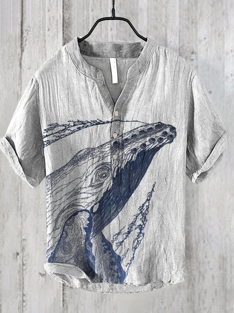 Japanese Art Ocean Whale Print Cotton Blend Shirt