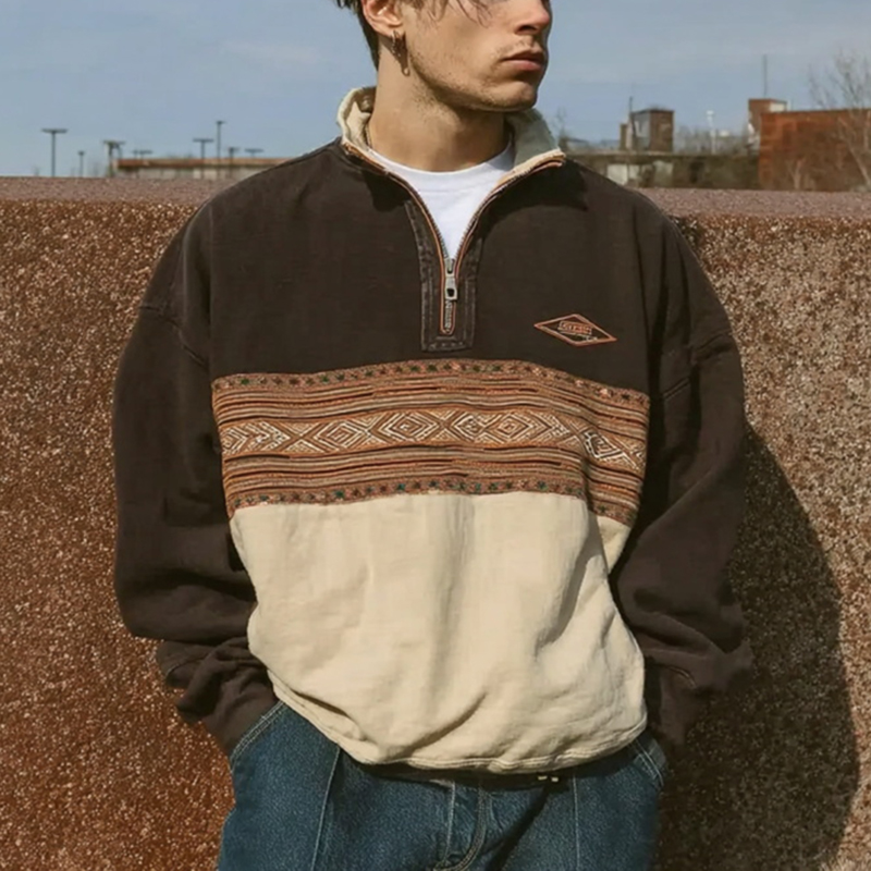 Men's Loose Casual Retro College Style Half-open Collar Stitching Printed Sweatshirt