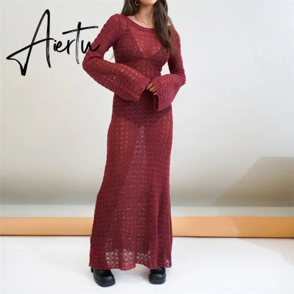Summer Y2K Knitted Hollow Out Maxi Dress Beach Holiday See Through Cover-Ups Wrap Bodycon Chic Women Backless Long Dresses Aiertu