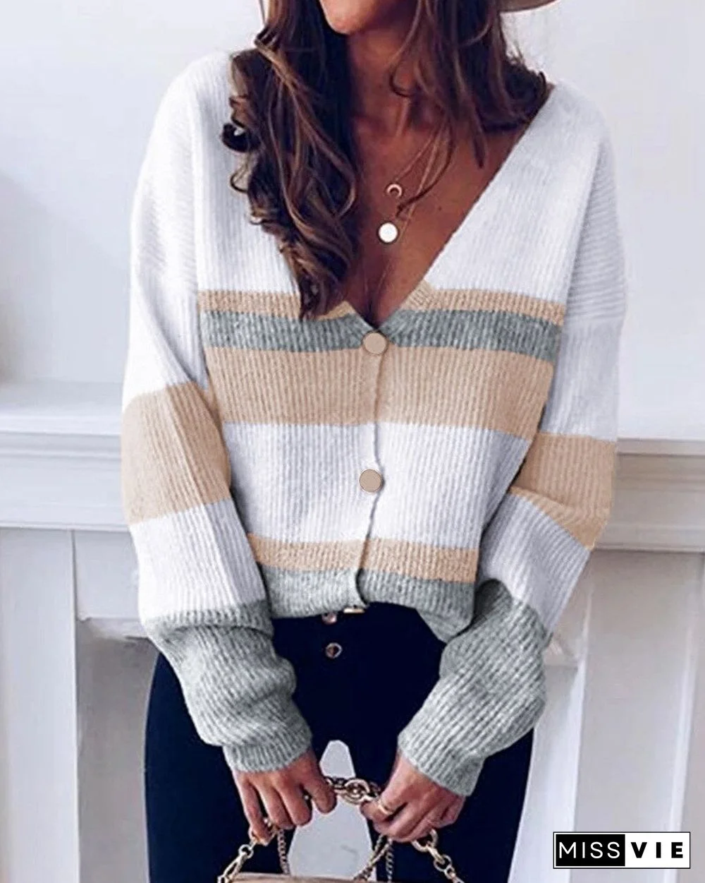 Autumn Winter Neck Knitted Cardigan Fashion Commuter Style Ladies Loose Button Stripe Long Sleeve Thick Short Coat Sweater