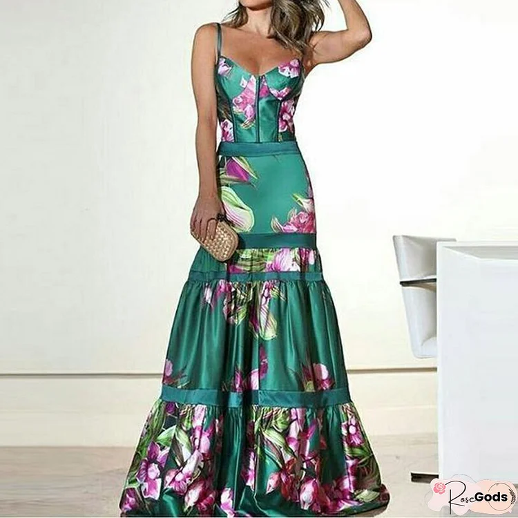 Elegant Floral Print Sexy Evening Robe Boho Long Dresses