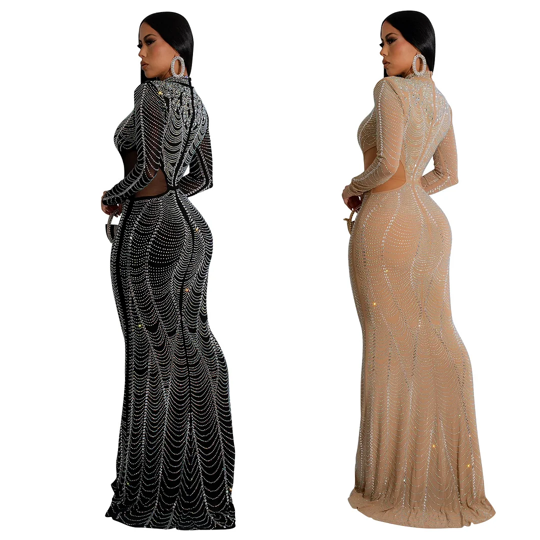 Women&lsquo;s Elegant Sexy Sequins Slim Tight Waist Hollow Floor Length Party Evening Dress 