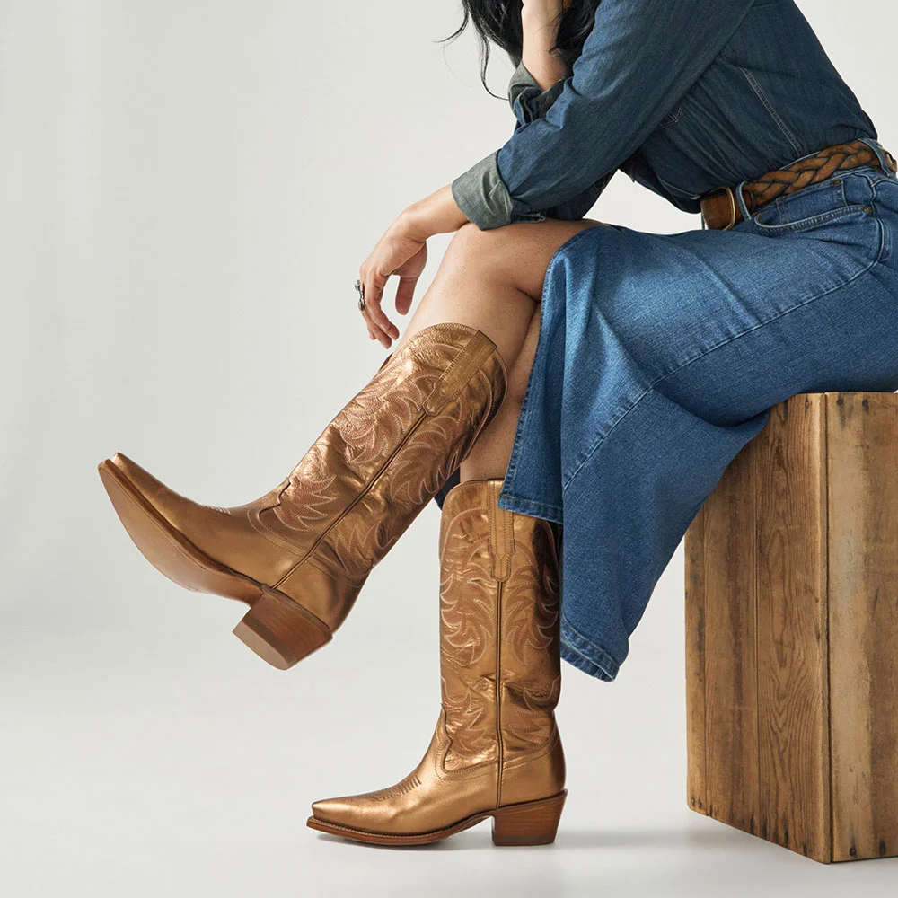 Gold Snip Toe Chunky Heel Pull Tab Western Boots with Embroidered