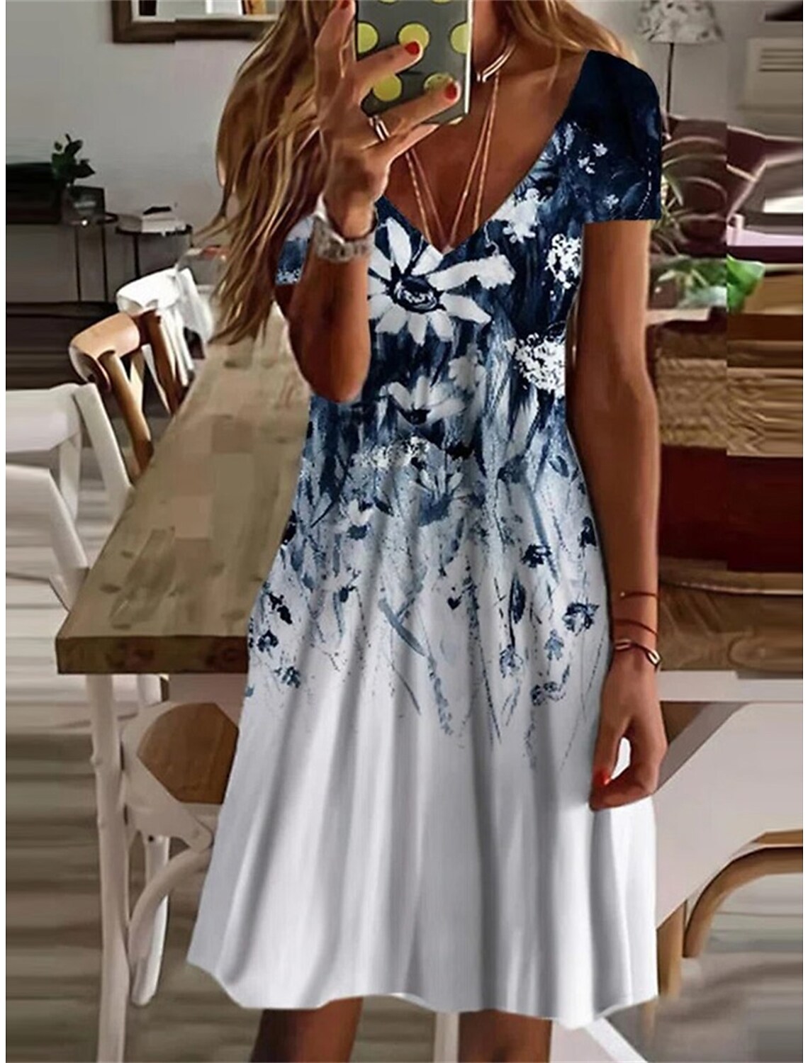 Mature Women Plus Size Summer Fashion Printed Leaf Printed V-neck Mini Dress