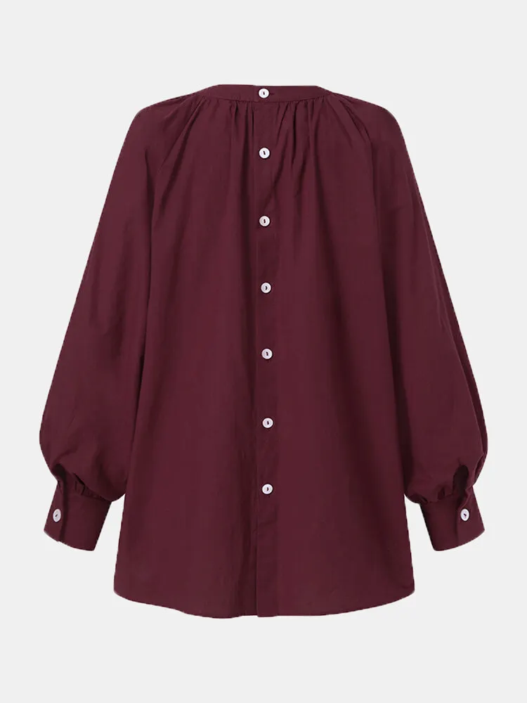 Solid Color Puff Sleeve Stand Collar Blouse