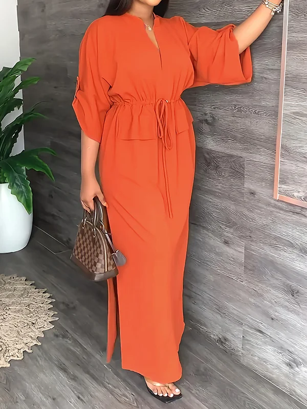 Loose Drawstring Solid Color Split Side V Neck Maxi Dresses