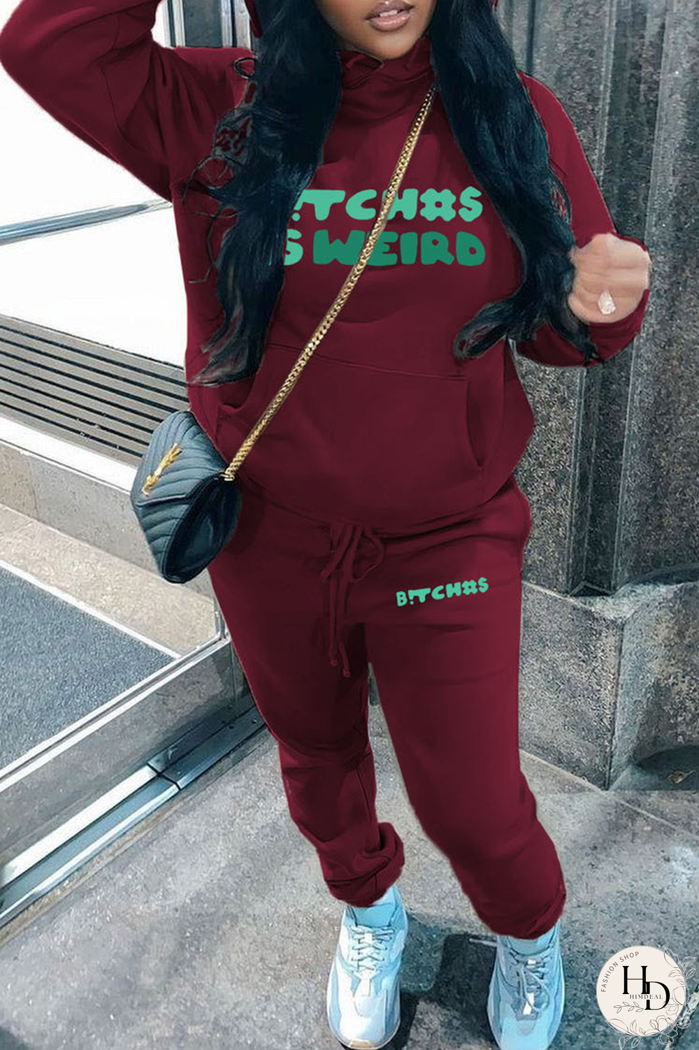 Burgundy Street Print Letter Hooded Collar Long Sleeve Two Pieces