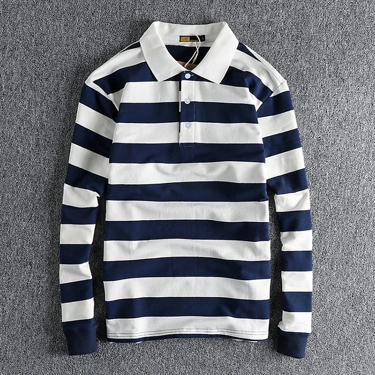 Retro Striped Washed Terry Casual Lapel Long-Sleeved Polo Shirt