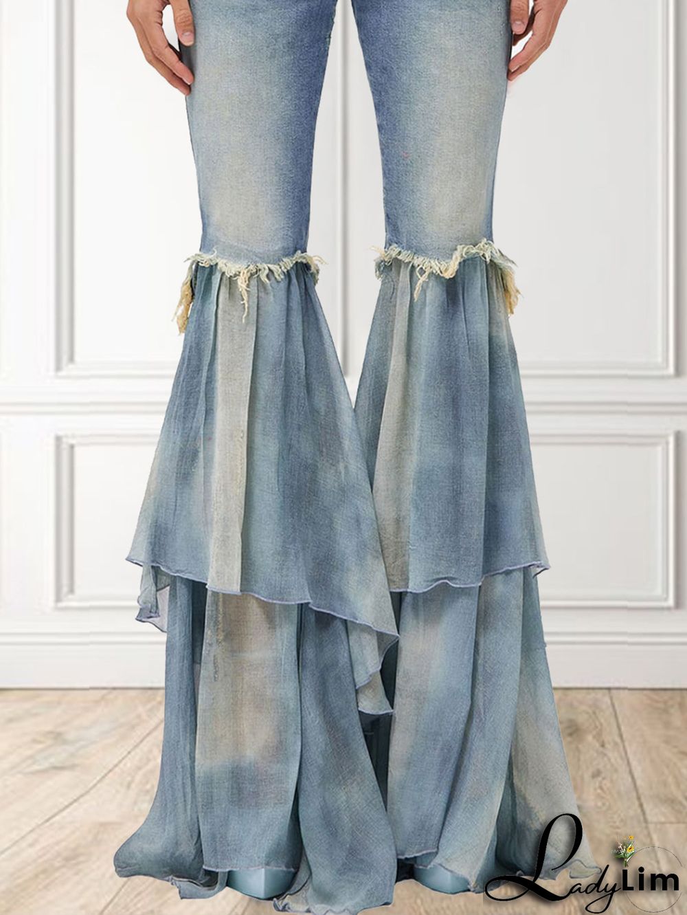 Fashion Light Washed Tassel Flare Leg Spliced Layered Ruffle Pants